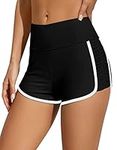 CharmLeaks Women's Swim Shorts High Waisted Bathing Suit Bottoms Side Shirred Boyleg Swim Bottoms Black/White M