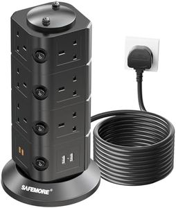 SAFEMORE Tower Extension Lead 14 Way, Extension Plug with 4 USB (2 USB-A / 2 Type-C) 4.8A Charge Slots, Individually Switched Power Strip 2m Cable Vertical Surge Protection Power Cord for Home Office