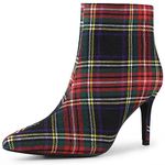 Allegra K Women's Plaid Pointed Toe Side Zip Stiletto Heel Ankle Boots, Red Green, 4 UK