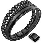 Speroto New Mens Bracelet Bead and Leather Braided, Lava and Onyx Bead Leather Bracelet for Men (Lava Black, 7.50)