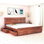 Strata Furniture Sheesham Wood Queen Size Bed with Drawer Storage and Headboard for Living Room Bedroom Home Wooden Double Bed Cot Palang Furniture (Honey Finish)