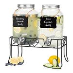 Crutello 2 Pack Glass Beverage Dispenser with Stainless Steel Spigots, 1 Gallon Drink Dispenser Metal Black Stand, Lemonade, Tea, Water, Laundry Detergent - A Family-Owned American Brand