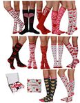 Valentine's Day Soft Crew Socks XOXO Kiss Hug Love Prints, Women's Size 9-11(6 Pairs) (12 Pair knee High)