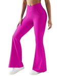 OMKAGI Women Ribbed Crossover Flare Leggings with Pockets High Waisted Bell Bottom Flared Yoga Pants(L, Hot Pink-17)