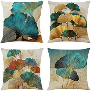 Sweetwill Set of 4 Decorative Cushion Covers 40cm x 40cm Linen Jungle Throw Pillow Cases Gold Teal Farmhouse Natural Cushion Covers 16 x 16 Sofa Cushions Modern Living Room Outdoor Garden