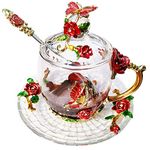 LANTREE Crystal Tea Cup Coffee Mug with Lid Saucer Spoon Birthday Christmas Gift for Women Friends Female Grandma Mum Sister Home Decoration(Short Red)