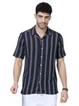 GLORYBOYZ Men's Half Sleeve Cotton Shirt Regular Fit Textured Striped Pattern Shirt for Men Revere Collar Comfortable Casual Shirt Fashionable Stylish Office Party Summer Wear (Blue White Stripes S)