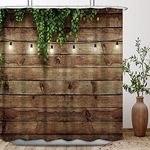 Riyidecor Outdoor Barn Door Shower Curtain Garden Scenery Wooden Rustic Farmhouse Green Leaves Antique Brown Wall Lights Bathroom Home Decor Waterproof Polyester 72WX72H Inch 12 Pack Hooks