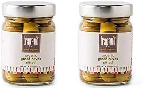 Tragano Greek Organics Pitted Green Halkidiki Olives - USDA-Certified Organic, Natural, and Gluten-Free - Authentic Greek Olives from Greece - (8 Ounces, 2-pack)