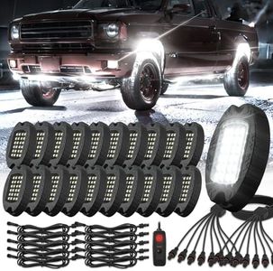 20 Pods Alloy Pure White LED Rock Lights for Semi Truck Sedans Trailer Offroad Pickup, IP68 Waterproof Shockproof 6500K Super Bright Metal White Neon Underglow Light Kit with Extension Wires