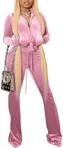 Chatinction Women's 2 Piece Velvet Outfit Long Sleeve Zipper Crop Tops and Wide Leg Pants Sweatsuit Set Pink XS