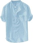 Mens Cotton Linen Henley Shirt Casual Button Down Short Sleeve Tropical Shirts Vacation Summer Beach T Shirts with Pocket, 018-sky Blue, Medium