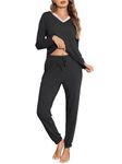 Wikoan Ladies Pyjamas Set,Two Piece Pyjamas for Women Cosy Lace Trim V Neck Pjs Set with Pockets Drawstring,Black,M