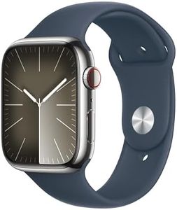 Apple Watch Series 9 [GPS + Cellular 45mm] Smartwatch with Silver Stainless Steel Case with Storm Blue Sport Band S/M. Fitness Tracker, ECG Apps, Always-On Retina Display