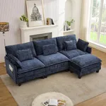 SAMERY Modular Sectional Sofa, 113" L Shaped Couch Set for Living Room Comfy Cloud Couch with Movable Ottoman, Extra Deep Seat Sofa Sleeper with 5 Pillows, Blue Chenille 3-Seater Sofa