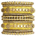 Peora Gold Plated Yellow Velvet Matching Fancy Kundan Silk Thread Chuda Chura Bangle Set Indian Traditional Bridal Fashion Jewellery for Women Girls Navratri Gift (Size - 2.6)