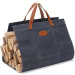 G GOOD GAIN Firewood Carrier Waxed Canvas with Leather Handles, Wood Carrier for Firewood, 38x17.7 Inch Heavy Duty Firewood Storage Tote, Fireplace Log Carrier Indoor Bag, Wood Stove Accessories. Blue