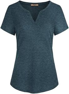 Miusey V Neck T Shirts Women, Womens Short Sleeve V Neck T Shirts Casual Curved Hem Flattering Henley Tunic Tops Sport Skinny Yoga Outfits Petite Tee Green XL
