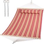 SUNCREAT Double Hammock Quilted Fabric Swing with Spreader Bar, Detachable Pillow, 55” x79” Large Hammock, Red Stripes