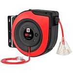 EP Retractable Extension Cord Reel,65 Feet 12 AWG/3C SJTOW Heavy Duty Power Cord,15 AMP Circuit Breaker, 3-Lighted Triple Outlets,Ceiling or Wall Mount Use Indoor/Outdoor, Red