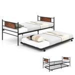 COSTWAY 3FT Metal Day Bed with Trundle, Single Bed Frame with Pull-out Bed, Headboard and Steel Slat Support, Industrial Space-Saving Guest Sofa Bed Platform Bed Base Mattress Foundation