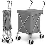 COSTWAY 90L Folding Shopping Trolley, 8-Wheel Large Utility Push Cart with Removable Waterproof Bag and Cover, Metal Lightweight Rolling Grocery Trolley for Mobility (Grey)