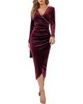 Joligiao Women Long Sleeve Velvet Dress Wrap V Neck Elegant Party Dress Sexy Ruched Long Wrap Cocktail Dress High Waist Slit Evening Dress Clubbing Dress Wine Red M