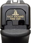 Milspin Slide Back Plate Compatible with Glock Gen 1-5 I Fuck Around Find Out I Black on Brass I Made in USA (Models G17-41, G45)