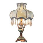 kaixunl Antique Victorian Lamp with Fringe & Lace,Blue,Vintage Fabric Table Lamp with Shade,European Pastoral Nightstand Vase Shape Table Light for Bedroom Living Room