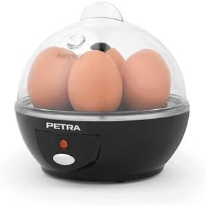 Petra PT2783VDEEU7 Cuecehuevos eléctrico para distintos niveles de cocción, capacidad para 6 huevos, 2 escalfadores, compacto, bandeja extraíble para huevos, vaso medidor, luz indicadora, 430 W