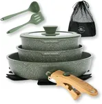 Kitchen Academy Detachable Handle Cookware Set - 10 Pieces Green Pots and Pans Set with Removable Handle, RV Induction Cookware Set for Camp