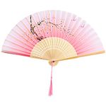 Handheld Folding Fan for Women Folding Hand Fans Bamboo Fans with Tassel Silk Fabric Fans Wall Decoration Wedding Party (Pink)