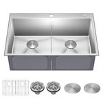 Kraus Standart PRO 33-inch Drop in/Undermount 16 Gauge Double Bowl 2-Hole Stainless Steel Kitchen Sink, KHT302-33