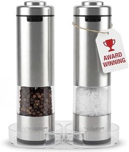 Electric Salt and Pepper Grinder Set (Pack of 2) - Stainless Steel Battery Operated Salt & Pepper Mills with Light - Complimentary Mill Rest- One Handed Operation Adjustable Ceramic Grinders