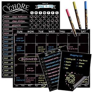 JJPRO Magnetic Chalkboard Monthly Calendar - Reward Chore Chart Blackboard Combo Set with Neon Bright Liquid Chalk Markers - Bonus Grocery List and Notepad Blackboard for Refrigerator Included