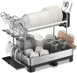 SONGMICS Dish Drying Rack - 2 Tier Dish Rack for Kitchen Counter with Rotatable and Extendable Drain Spout, Dish Drainer with Utensil, Cup, Glass, Cutting Board Holders, Black UKCS032B01