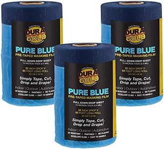 Dura-Gold 22" Wide x 65' Long Roll of Pure Blue Pre-Taped Masking Film, 3 Pack - Pre-Folded Overspray Paintable Plastic Protective Sheeting, Pull Down Drop Sheet - Auto Painting, Cover Walls Furniture