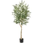 COSTWAY 182cm/6ft Artificial Olive Tree, 1/2 Pcs Tall Faux Topiary Plants with 1296 Leaves and 72 Fruits, Fake Greenery Olive Silk Plant in Cement Pot for Indoor Outdoor Decor (1)