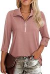 Cnlinkco 3/4 Length Sleeve Womens Tops Work Casual V Neck Collared Top Office Polo V Neck Fall Shirt Pink XL