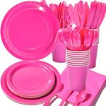 Hot Pink Party Birthday Supplies, Hot Pink Paper Plates Napkins Cups, Disposable Dinnerware Set Serves 25, Hot Pink Plastic Forks Knives Spoon for Wedding Bridal Shower Baby Shower Graduation Birthday