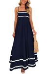 PRETTYGARDEN Women's 2024 Summer Flowy Maxi Dress Casual Sleeveless Spaghetti Strap Ruffle Beach Long Dresses (Dark Blue,Medium)