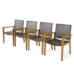 DORTALA Patio Chairs Set of 4, Outdoor Rattan Dining Chairs with Armrests, Acacia Wood Frame, PE Wicker Seat Back for Garden, Backyard, Poolside, Balcony, Natural + Brown