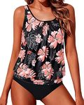 Yonique Two Piece Blouson Tankini Swimsuits for Women Modest Bathing Suits Loose Fit Swimwear, Pink Orange, Small