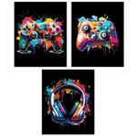 Watercolor Gaming Posters Set of 3 (8x10 Inches), Room Wall Decorations for Bedroom, Video Game Room Decor, Gamer, Boy, Teen Room Wall Art Decor, Gaming Room Accessories (Black Gaming)