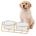 Dog Food and Water Bowl - Tilted Elevated Dog Bowls with Metal Stand - Double Glass Dog Bowl Set - Raised Cat Feeding Bowl Anti Vomit - Pet Dish for Small to Medium Dogs and Large Cats - 2 x 800 ml