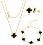 Four-leaf Lucky Clover Jewellery Set for Women, 18 K Gold-Plated Four Leaf Clover Necklace Earrings Bracelet, Adjustable Chain Set, Jewellery Set Jewellery for Women and Girls, Stainless Steel