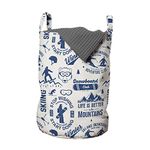 Ambesonne Ski Pattern Laundry Bag, Monochromatic Print of Snowboard Winter People Bear and Wolf, Hamper Basket with Handles Drawstring Closure for Laundromats, 13" x 19", Eggshell Sky