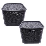 Cutting EDGE Unbreakable Plastic Turkish Baskets with Lid for Storage Baskets for Fruit Vegetable Bathroom Stationary Home Basket with Handle, Set of 2, (41.7X32.7X25.5CM, Dark Brown)