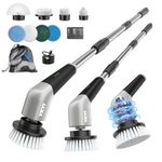 YKYI Electric Spin Scrubber, Cordless Cleaning Brush with 8 Replaceable Brush Heads, Power Scrubber with Adjustable Extension Handle for Bathroom, Tub, Tile, Floor and Kitchen Cleaning (Grey)