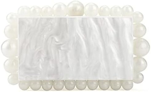 SharPlus Acrylic Marble Clutch Purse Handbag for Women, Handmade Beaded Pearl Evening Bag for Prom Party Bridal Wedding, White, Small
